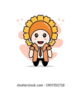 Cute detective character wearing sunflower costume. Mascot design concept