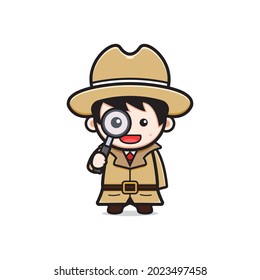 Cute detective holding a magnifying glass cartoon icon illustration. Design isolated flat cartoon style