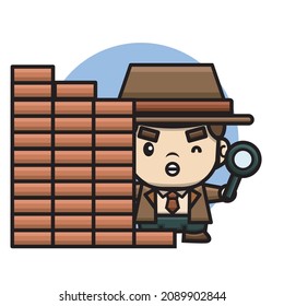 cute detective holding a magnifying glass and hiding behind a wall