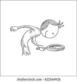 cute detective man with  magnifier vector hand drawn sketch illustration