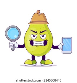 Cute detective pear cartoon vector illustration design. Fruit mascot character concept isolated vector