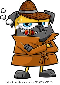 Cute Detective Pug Dog Cartoon Character Thinks Smoking A Cigar. Vector Hand Drawn Illustration Isolated On Transparent Background