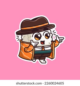 cute detective sushi pointing with both hand