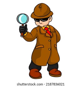 Cute detective wearing sunglasses and brown suit, cool cartoon isolated on cock white background for animation design and illustration.