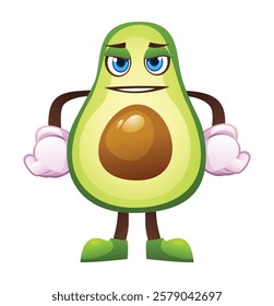 Cute determined avocado character, expressing readiness. Cartoon vector illustration