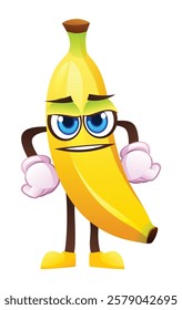 Cute determined banana character, expressing readiness. Vector cartoon illustration