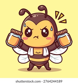 Cute Determined Bee Holding Honey Jars with Sweat Drops and Towel Playful Vector Illustration