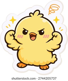 A cute and determined yellow chick showing off its muscles with confidence. The chick is flexing its arms, surrounded by little stars and a spiral, exuding strength, energy, and positive vibes. A great image for celebrating resilience and cheerfulness.