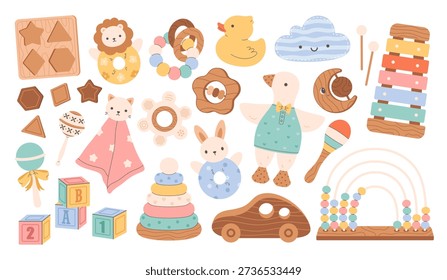 Cute development and educational children games. Preschool activities, wooden blocks, xylophone, pyramid, rubber duck, plush toys, rattles. Flat vector illustration