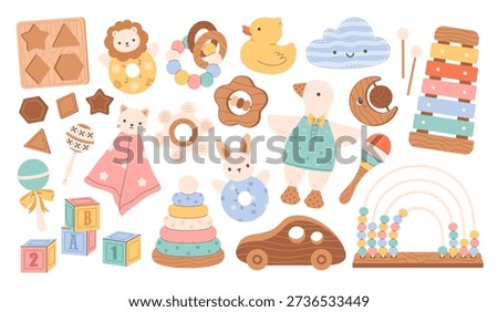 Cute development and educational children games. Preschool activities, wooden blocks, xylophone, pyramid, rubber duck, plush toys, rattles. Flat vector illustration