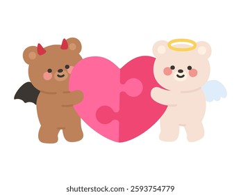 Cute Devil and Angel Teddy Bears Holding a Pink Puzzle Heart Vector Illustration