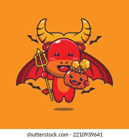 Cute devil buffalo in halloween day. Cute halloween cartoon illustration.
