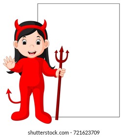 cute devil cartoon with blank sign