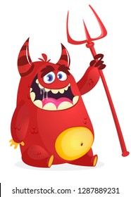 Cute devil cartoon character holding trident or pitchfork. Halloween illustration