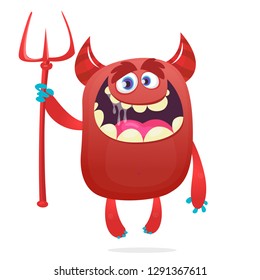 Cute devil cartoon character holding trident or pitchfork. Halloween illustration
