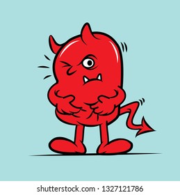 Cute devil cartoon character with seriously thinking face expression.Isolated vector drawing illustration.
