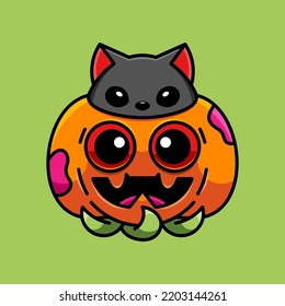 CUTE DEVIL CAT IN THE PUMP CELEBRATES HALLOWEEN SUITABLE FOR MASCOT, LOGO, STICKER AND T-SHIRT DESIGN