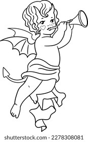 Cute Devil cupid playing on trumpet. Vector outline isolated
