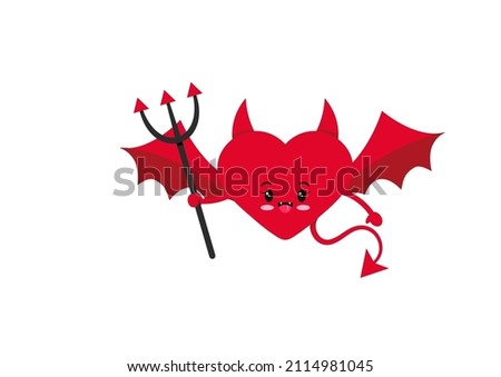 Cute devil or demon heart character icon isolated on white background. Heart with horns, red evil wings, tail, trident. Flat design cartoon clip art vector illustration.