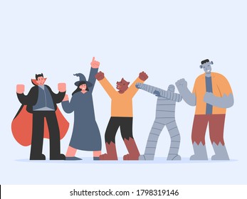 Cute devil friend gang enjoy dancing at Halloween party. Vampire, werewolf, mummy, witch, Big man celebration in monster fantasy style.