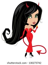 Cute Devil Girl Drinking Champagne. EPS 8 vector, no open shapes or paths. Grouped for easy editing.