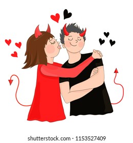 Cute devil girl is kissing her devil boy. Romantic halloween illustration. Vector EPS 10.