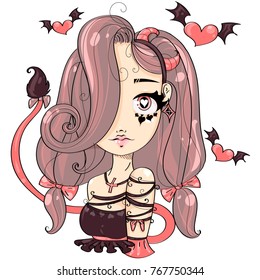 Cute devil girl portrait, Happy Halloween greeting card with witch woman cartoon character and the heart bats, hand drawn vector illustration art