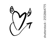 Cute devil heart black grunge brush vector hand drawn symbol with horns and tail illustration clipart horned. Love Valentine symbol. Decor element for logo, label, emblem, poster, postcard, nail