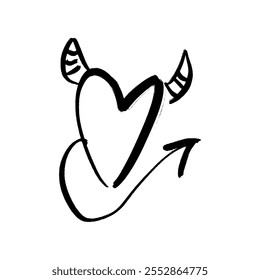 Cute devil heart black grunge brush vector hand drawn symbol with horns and tail illustration clipart horned. Love Valentine symbol. Decor element for logo, label, emblem, poster, postcard, nail