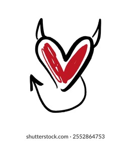 Cute devil heart black-red grunge brush vector hand drawn symbol with horns and tail illustration clip-art horned. Love Valentine symbol. Decor element for logo, label, emblem, poster, postcard, nail