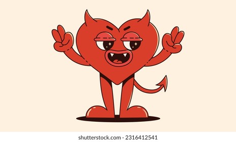 Cute devil heart character. Trendy retro groovy illustration. Vector art.