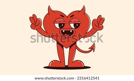 Cute devil heart character. Trendy retro groovy illustration. Vector art.