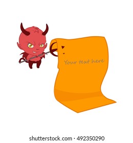 Cute devil holding a sign with his pitchfork