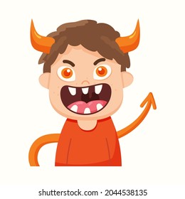 Cute devil with horns in cartoon style. Vector illustration in flat style