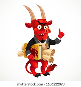 Cute devil in jacket with book and scrolls under his arm, something tells the character isolated on a white background
