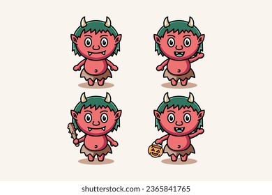 Cute devil japan halloween illustration design character bundle