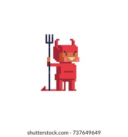 Cute devil kid. Pixel art style. Isolated vector illustration.