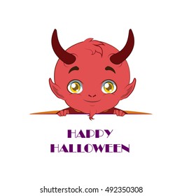 Cute devil peeking out with Happy Halloween text beneath him