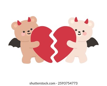 Cute Devil Teddy Bears Holding a Broken Heart Vector Illustration