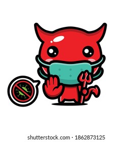 cute devil wearing a mask and posing to stop the virus