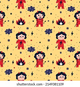 Cute devils seamless pattern. Little funny kids in red costumes with horns and demon tails. Naughty children hold tridents. Lightning and fires. Happy or angry Satan