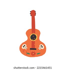 Cute Dia De Los Muertos or Day of the Dead symbol, decorated with sugar skulls and a marigold flower Mexican guitar. Vector hand-drawn retro-style illustration.