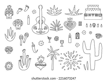 Cute Dia De Los Muertos outline collection, Day of the Dead doodle vector clipart set. Sacred heart, guitar and maracas, sugar skulls, cactus, shrine or altar, candles, Mexican plants, drinks and food