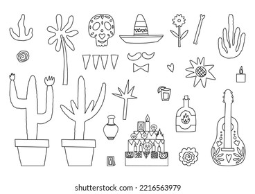 Cute Dia De Los Muertos outline collection, Day of the Dead doodle vector clipart set. Guitar, Guitar, cactus in a pot, marigold flower, sugar skull, altar or shrine, sombrero, drinks, and food.