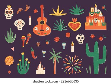 Cute Dia De Los Muertos outline collection, Day of the Dead vector clipart set. Sacred heart, guitar and maracas, sugar skulls, cactus, shrine or altar, candles, Mexican plants, drinks and food