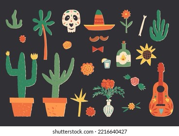 Cute Dia De Los Muertos Umrisskollektion, Day of the Dead doodle Vektorclip-Set. Gitarre, Gitarre, Kaktus in einem Topf, Ringelblume, Zuckerschädel, Altar oder Schrein, Sombrero, Getränke und Essen.