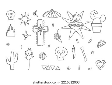 Cute Dia De Los Muertos outline collection, Day of the Dead doodle vector clipart set. Cactus in pots, marigolds, sugar skulls, sacred heart and cross, and traditional food like pan de Muerto.