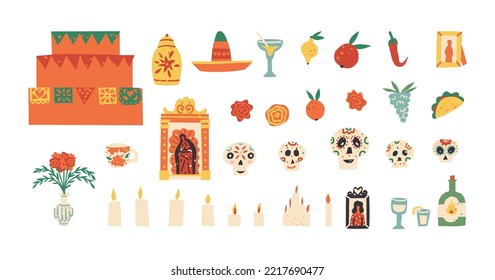 Cute Dia De Los Muertos outline collection, Day of the Dead vector clipart set. Altar or shrine, sugar skulls, an icon, candles, photos, and traditional Mexican food and drinks.