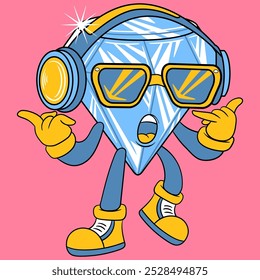 Lindo diamante con auriculares Ilustración vectorial de dibujos animados

