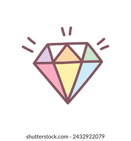 Cute diamond icon. Hand drawn illustration of a shining crystal isolated on a white background. Kawaii sticker. Vector 10 EPS.